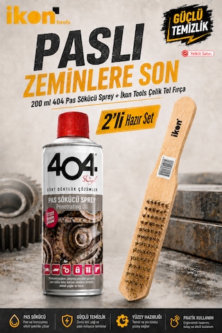 İkon Tools 404 Pas Sökücü Sprey 200 Ml + Ahşap Saplı Çelik Tel Fırça 2 Li Pas Temizleme Seti 1 'li Paket