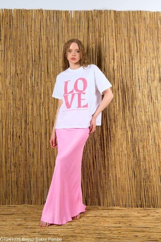 Kadın Beyaz-Pembe Love Baskılı Oversize %100 Pamuk T-Shirt