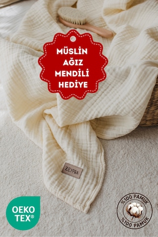 Zeypba Bebek & Çocuk İçin % 100 Pamuk 4 Katlı Müslin Örtü Kenar Dikişli 100x100 CM Ekru
