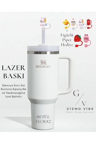 Stanley Kişiselleştirilebilir Quencher Pipetli Paslanmaz Çelik Vakum Yalıtımlı Termos Bardak 1.18 L Özel İsimli Beyaz