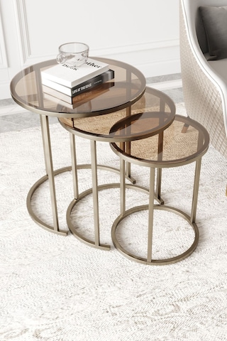 Dekoport Milas C Zigon Sehpa Prinç Eskitme Rengi Bronz Cam Eskitme