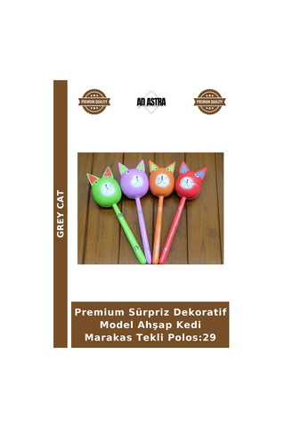 Premium Sürpriz Dekoratif Model Ahşap Kedi Marakas Tekli Polos:29