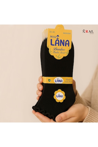 Kral Socks Kadın Bambu Çorap 6 Çift Fırfırlı Patik Kadın Çorap Siyah