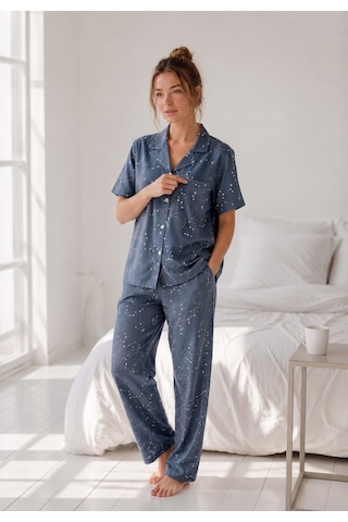 Seamlife Kadın Maskülen Gömlek Yaka Önden Düğmeli Dokuma %100 Pamuk Saten Göğüs Cepli Kısa Kollu Pijama Takımı İndigo