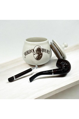 Sherlock Holmes El Yapımı Seramik Pipo Tutun Kavanozu Bej Small