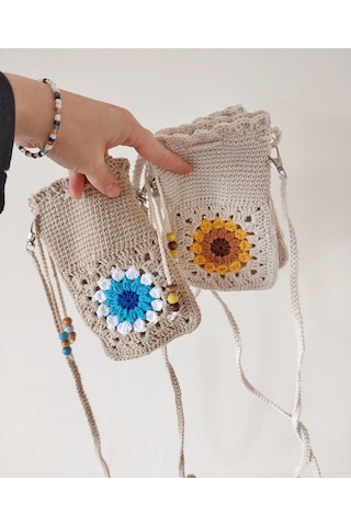 Kemzey Handmade Çiçekli Telefon Çantası, Motifli Tığ İşi Telefonluk, El Yapımı Telefon Kılıfları Bej - Mavi