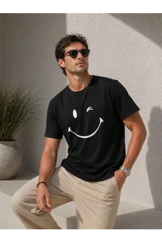 Modi Erkek Minimal Gülümseyen Yüz Baskılı Tişört Kısa Kol Yazlık T-shirt - Siyah Açık Lacivert - Gri - Siyah