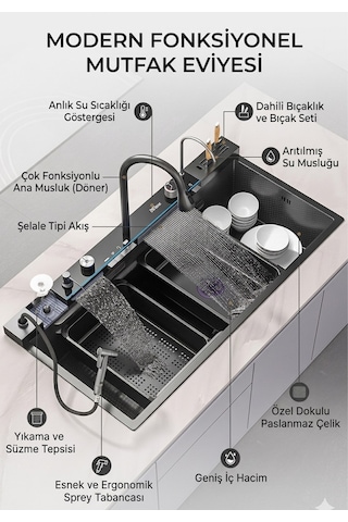 Lüx Dijital Akıllı Eviye Seti Premium Black Akıllı Mutfak Evyesi- 100x46 Cm Çok Fonksiyonlu Siyah