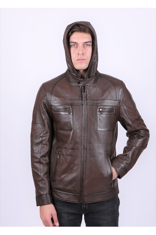 New Zaya Leather Erkek Kahverengi Kapüşonlu Deri Mont Kahverengi
