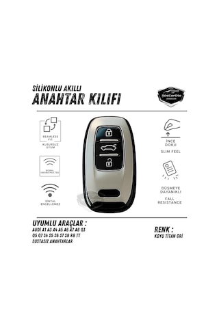 Audi A1 A3 A4 A5 A6 A7 A8 Q3 Q5 Q7 S4 S5 S6 S7 S8 R8 Tt Quattro Uyumlu Silikon Anahtar Kılıfı Oto Anahtar Kabı Darbe Emici Anahtarlık Koyu Titan Gri 00 Şüscaroto Aksesuar