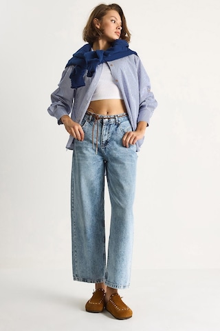 Shade Kadın Geniş Paça Yüksek Bel Deri İp Kemerli Denim Pantolon 5288 60284109 - Kar Yıkama