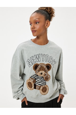 Koton Bisiklet Yaka Sweatshirt Oversize Ayıcık İşlemeli Sloganlı Şardonlu Gri Melanj 5wal10072ık Gri Melanj