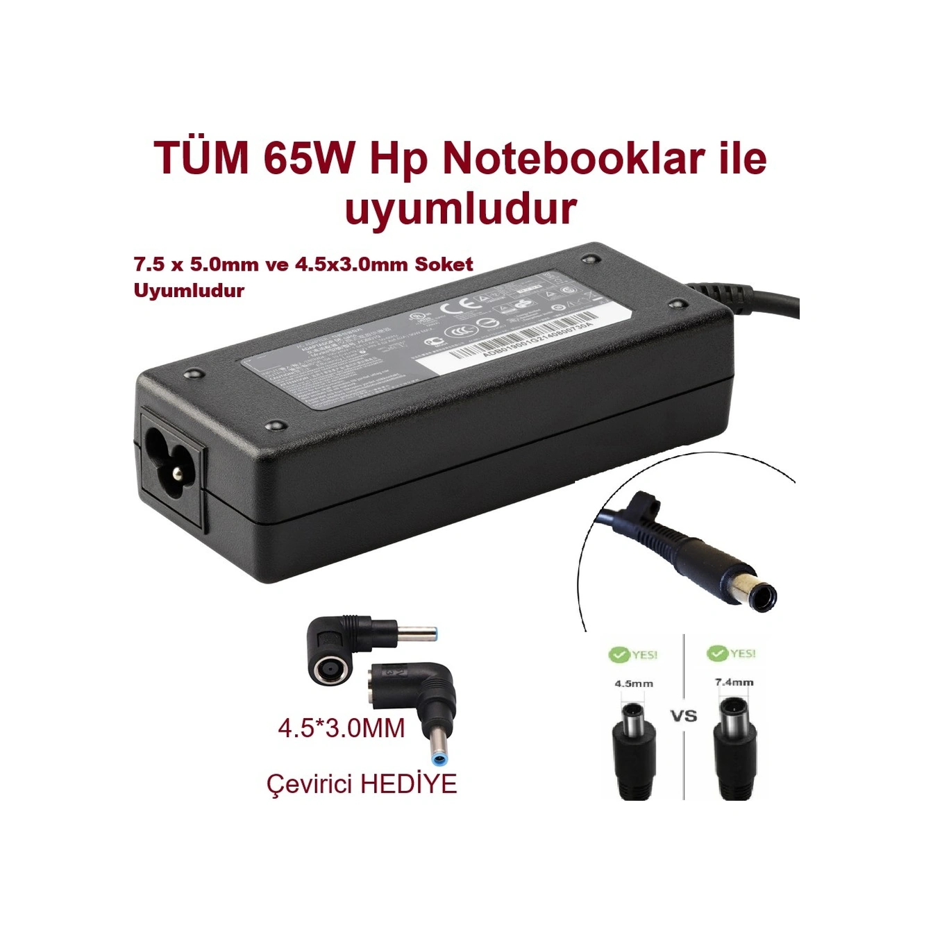 Hp / Compaq 18.5v 3.5a 65w 7.4 5.0mm / 4.5 3.0mm Notebook Adaptörü Universal Çeviricili