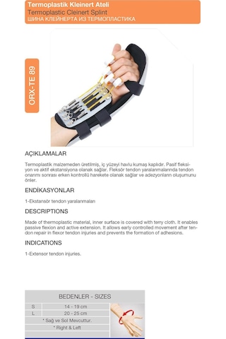 Termoplastik Kleinert Ateli Tendon Rehabilitasyon Sağ Orx -te89 Sağ - L