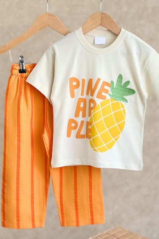 Kız Çocuk Pineapple - Ananas Baskı Detaylı Müslin Kumaş Jogger Pantolonlu Nakışlı Trend Altüst Takım Turuncu
