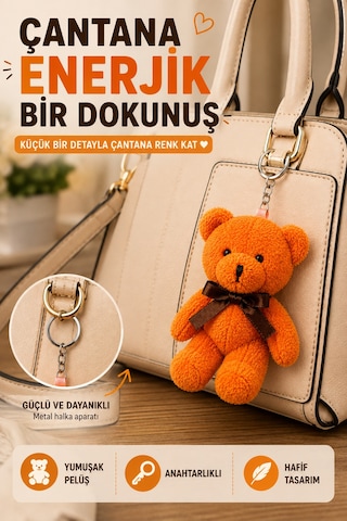 1 Adet Turuncu Peluş Ayıcık Anahtarlık 15x8 Cm Çanta Sırt Çantası Anahtar Aksesuar Sevimli Fiyonk