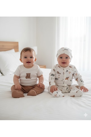 Erkek Bebek 4'lü Baskılı Takım 1-3 / 3-6 Ay Kahverengi