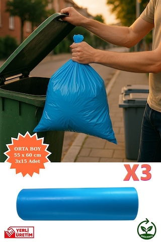 Premium Orta Boy Çöp Poşeti 55x60 Cm 3x15 Adet Ev Mutfak Banyo İş Ofis Avantajlı Ekonomik Paket