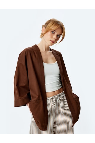 Koton Pamuklu Cepli 3/4 Geniş Kol Oversize Kimono Kahverengi 5sak50001ew Kahve Kahverengi