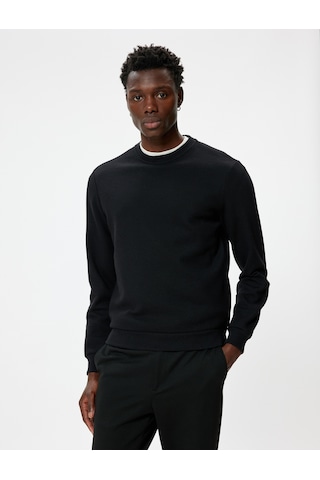 Koton Bisiklet Yaka Sweatshirt Basic Uzun Kollu Dokulu Pamuk Karışımlı Siyah 5wam70032mk Siyah