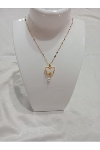 Kelebek Kolye İnci Boncuk Uçlu Beyaz