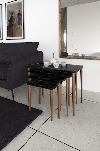 Selena 4Lü Zigon Sehpa Ahşap Ayaklı Salonseti Sehpası Siyah Mermer