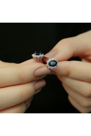 Lova Pırlantalı Oval Safir Anturaj Küpe - 3050007