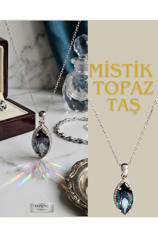 925 Ayar Gümüş Mistik Topaz Taşlı Damla Tasarım Kadın Kolye Doğum Günü Hediye Gümüş