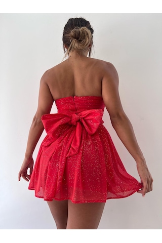 Pink Life Kırmızı Elegant Sparkle Straplez Fiyonk Detaylı Mini Elbise-Kırmızı