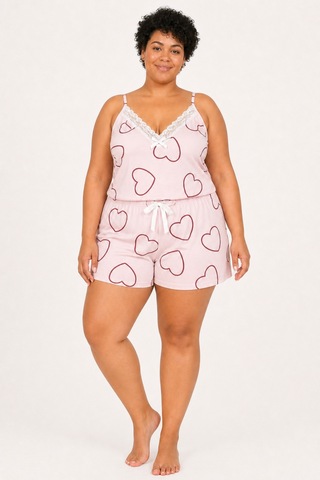 Bravie Kadın Büyük Beden İp Askılı Yakası Dantelli Kalpli Pembe Yazlık Pijama Takımı