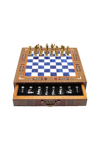 Saklamalı - 181 - Satranç Roma Oymalı Sc38s - 32cm, Mavi Tahta - Muratech - - Sc32m