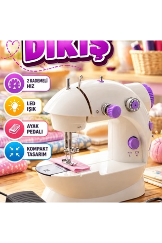 Kompakt Ev Tipi Mini Dikiş Makinesi 2 Kademeli Hız, Led Işık Ve Ayak Pedalı