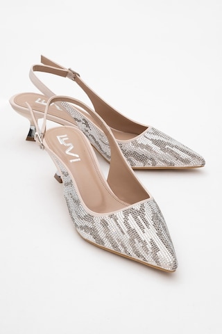 Luvishoes Luvi Shoes Ushes Bej Saten Taşlı Kadın Kısa Topuklu Abiye Ayakkabı Bej