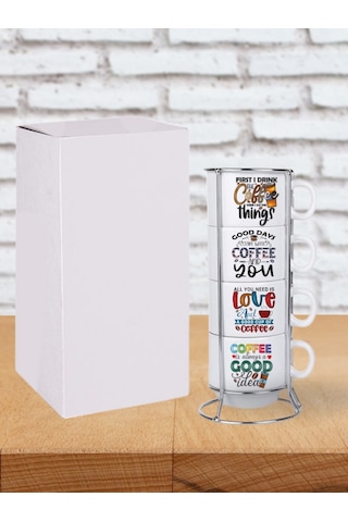 Deepcraft Stantlı 4'lü Fincan Seti Çıkmaz Baskılı Good Vibes Motto Desenli 4 Adet Fincan Seti 190 Ml Beyaz