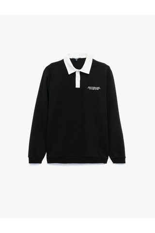Koton Uzun Kollu Pamuklu Düğmeli Nakışlı Renk Kontrastlı Polo Yaka Sweatshirt Siyah 6wam70056mk Siyah