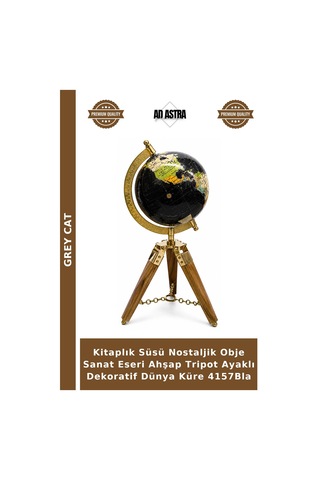 Kitaplık Süsü Nostaljik Obje Sanat Eseri Ahşap Tripot Ayaklı Dekoratif Dünya Küre 4157bla
