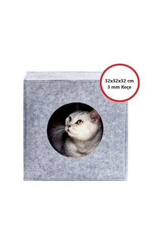 Kedi Evi Yuvası Keçe Açık Gri 3mm Kaliteli Keçe 32x32x32 Cm A5