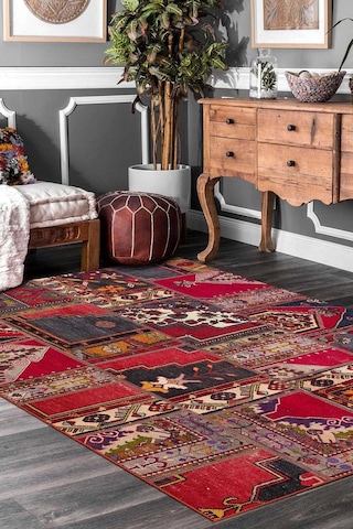 Patchwork Desenli Yıkanabilir Pamuk Taban Dijital Baskılı Halı Kırmızı