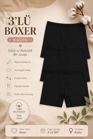 Nicoletta Kadın Lazer Kesim Dikişsiz Kadın Boxer Külot 3 Lü Paket Yüksek Be Siyah