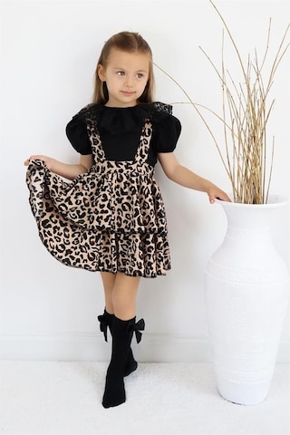 Kız Çocuk Helen Leopar Askılı Kat Kat Bağlama Jile Elbise Dantel Detay Kısa Kollu Bluz Takım