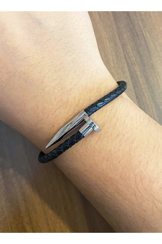 Unisex Çivi Model Gümüş Detay Siyah Bileklik