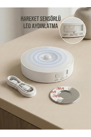 Hareket Sensörlü Yuvarlak Led Aydınlatma & Usb Şarjlı Pratik Gece Lambası 8 Cm Beyaz