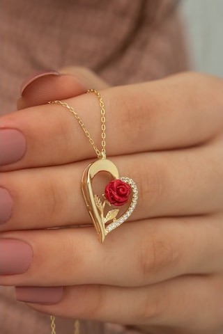 925 Ayar Gold Kırmızı Gül Kalp Kadın Gümüş Kolye