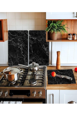 Takım Halinde Siyah Mermer 20x30 Cm Kesme Tablası Ve 60x52cm Cam