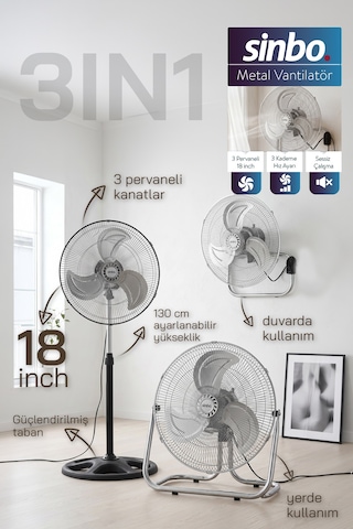 Sinbo Sf-6790 Vantilatör 18 İnç 90w 3 Ü 1 Arada Ayaklı Duvar Tipi Güçlü Fan