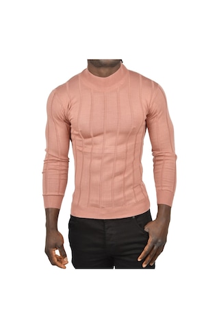 Deepsea Erkek Gülkurusu Slim Fit Likralı Tüylenme Yapmayan Yarım Balıkçı Çizgili Triko Yarım Boğazlı Kazak 2505503 Gülkurusu