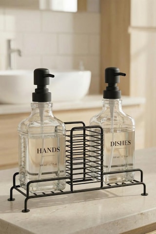 Digithome 2 Li Metal Standlı Cam Sıvı Sabun Ve Losyon Şişesi Sabunluk 500 Ml Siyah D/1 C1-1-289