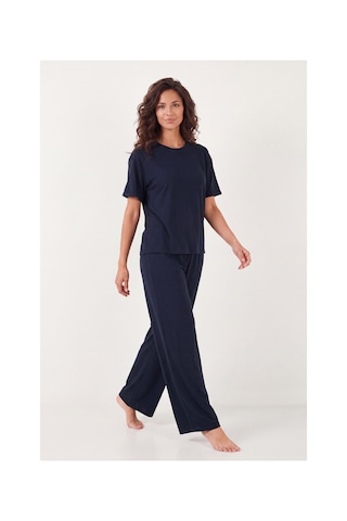 Lela Yumuşak Dokulu Bisiklet Yaka Lastikli Bel Kısa Kollu Pijama Takımı Bayan Pijama Takımı 65720102 Lacivert
