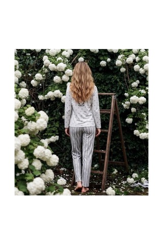Pijamoni Kadın Sofya Kumaş Bisiklet Yaka Pijama Takımı Desenli Beyaz