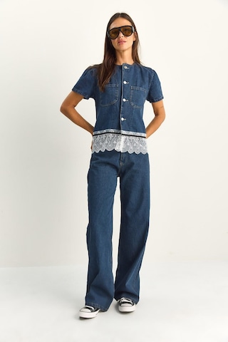 Kadın Dantel Detaylı Kısa Kollu Ceket Wide Leg Denim Pantolon Takım 8211 60286152 - Lacivert